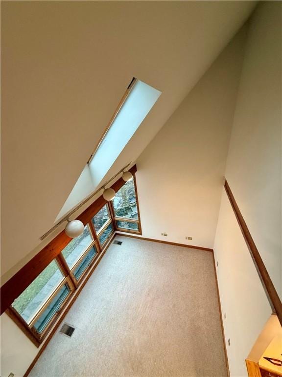 additional living space featuring carpet floors, a skylight, and high vaulted ceiling