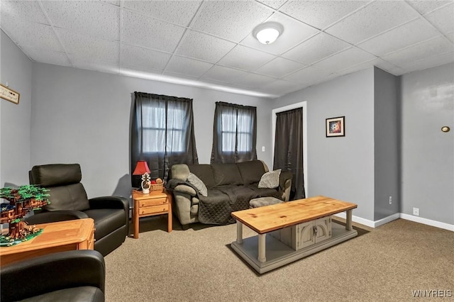 living room featuring a paneled ceiling and carpet