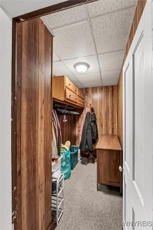 mudroom with carpet flooring, a paneled ceiling, and wood walls