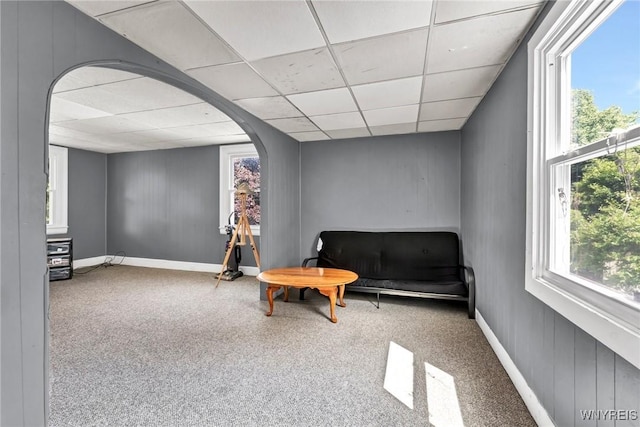 living area featuring plenty of natural light, a drop ceiling, and carpet floors