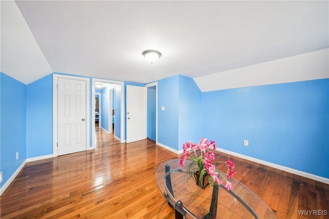 additional living space with lofted ceiling and hardwood / wood-style flooring