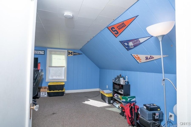 recreation room with carpet and lofted ceiling