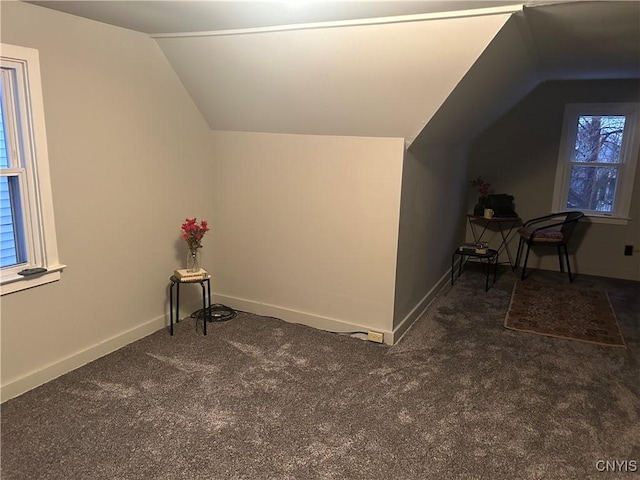 additional living space featuring dark colored carpet and vaulted ceiling