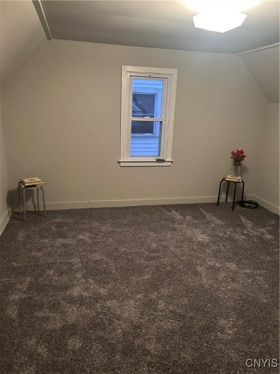 additional living space with dark colored carpet and lofted ceiling