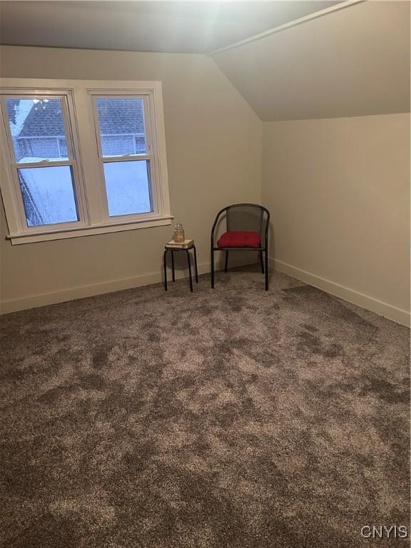 bonus room featuring dark colored carpet and vaulted ceiling