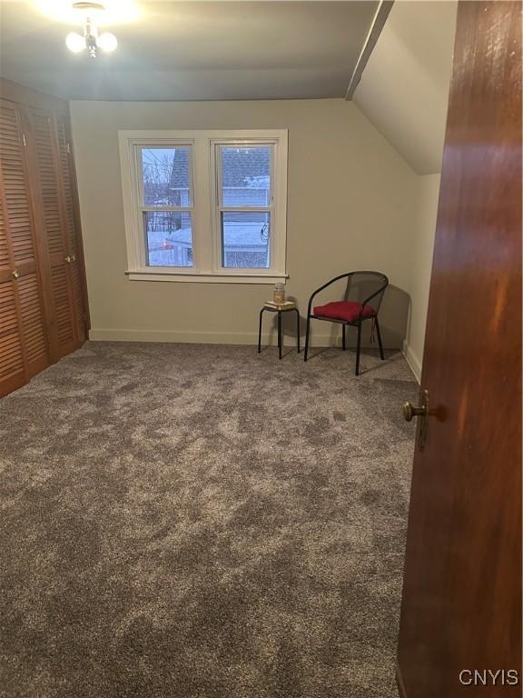 interior space with carpet flooring and lofted ceiling