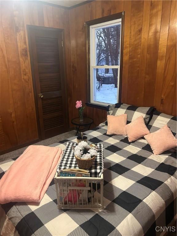 bedroom with wood walls