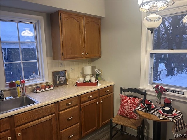 kitchen with sink, dark wood-type flooring, and tasteful backsplash