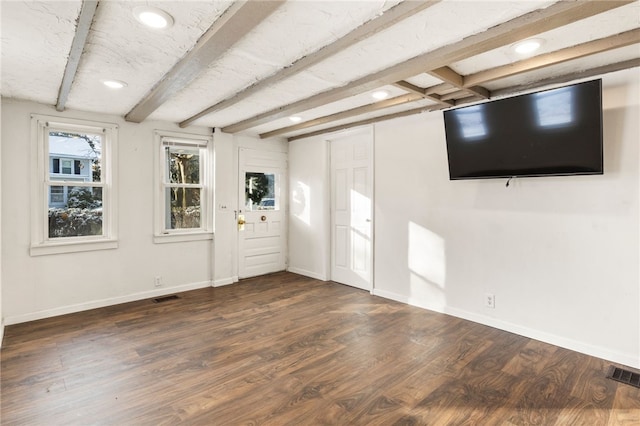 unfurnished living room featuring beamed ceiling and dark hardwood / wood-style floors