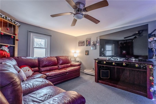 carpeted living room featuring baseboard heating and ceiling fan