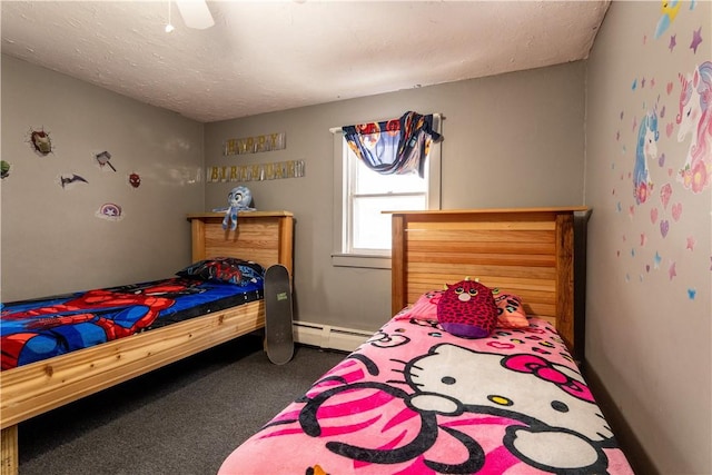 carpeted bedroom featuring a textured ceiling, a baseboard radiator, and ceiling fan