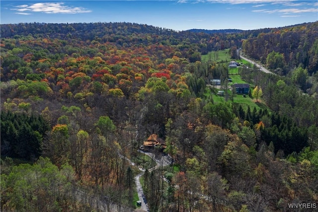 drone / aerial view featuring a wooded view