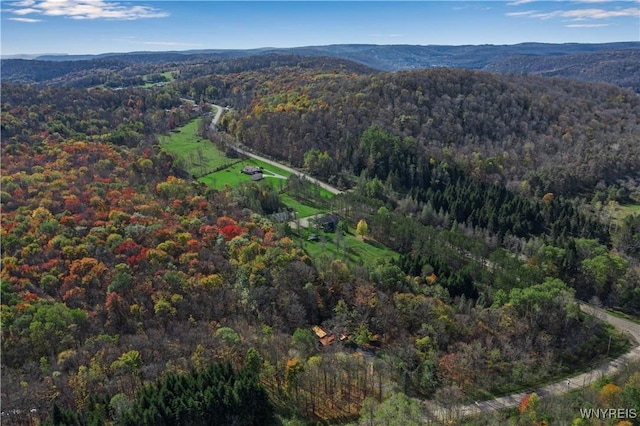 aerial view featuring a view of trees and a mountain view