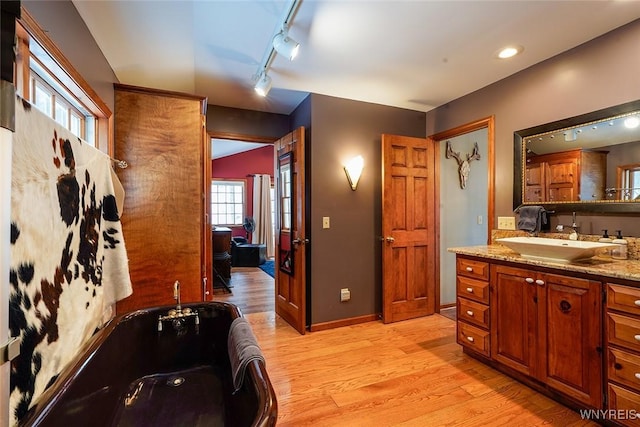 full bath with vanity, a bath, wood finished floors, and baseboards