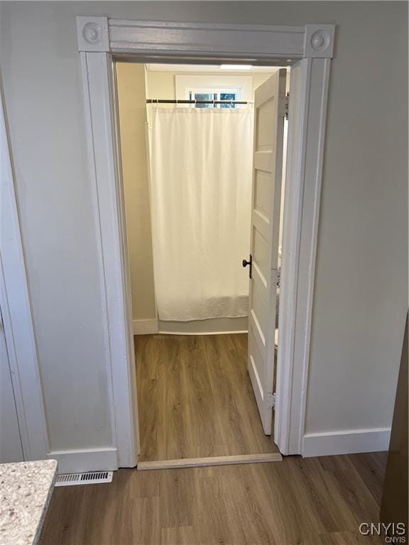 bathroom with vanity and wood-type flooring