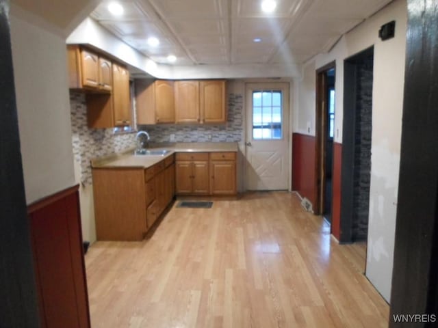 kitchen featuring tasteful backsplash, light hardwood / wood-style flooring, and sink