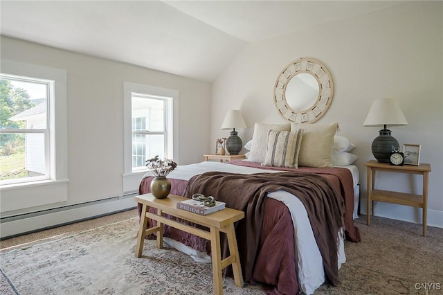 bedroom featuring carpet floors, a baseboard radiator, and vaulted ceiling