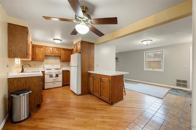 kitchen featuring white appliances, sink, ceiling fan, light hardwood / wood-style floors, and kitchen peninsula