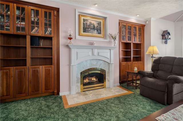 carpeted living room with a textured ceiling and ornamental molding