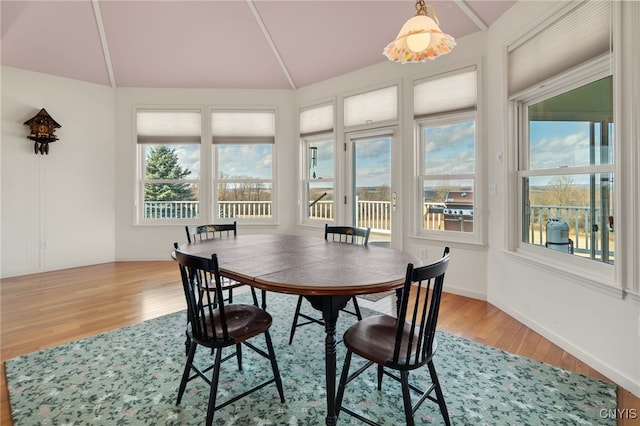 dining room featuring wood-type flooring and vaulted ceiling