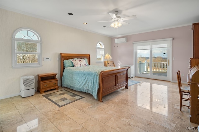 bedroom featuring access to outside, crown molding, ceiling fan, multiple windows, and a wall unit AC