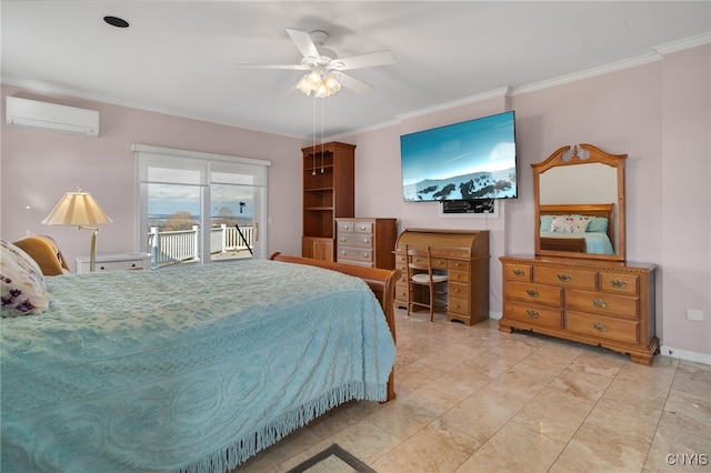 bedroom with ceiling fan, ornamental molding, access to outside, and a wall mounted AC