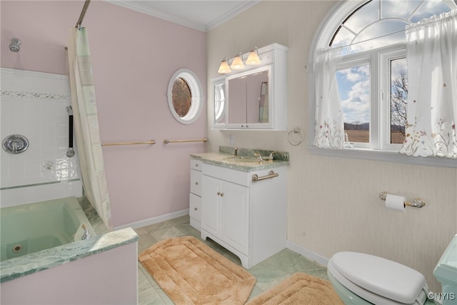 full bathroom with tile patterned floors, plenty of natural light, ornamental molding, and vanity