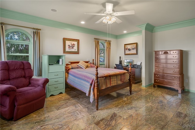 bedroom featuring ceiling fan and crown molding