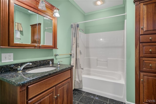 bathroom with shower / bath combination with curtain, vanity, and ornamental molding