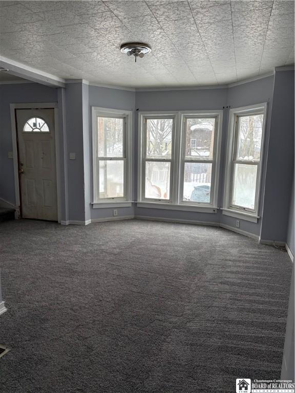 unfurnished living room with carpet flooring, plenty of natural light, ornamental molding, and a textured ceiling