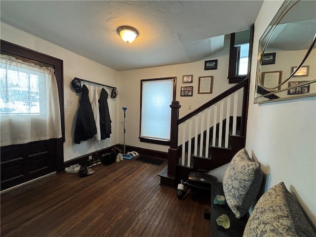 entrance foyer featuring plenty of natural light, dark wood-type flooring, and vaulted ceiling