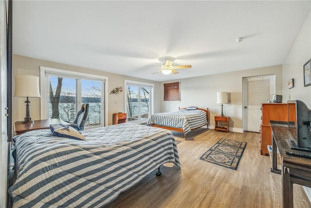 bedroom with ceiling fan and light wood-type flooring