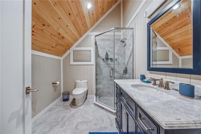 bathroom with vanity, wooden ceiling, vaulted ceiling, toilet, and an enclosed shower