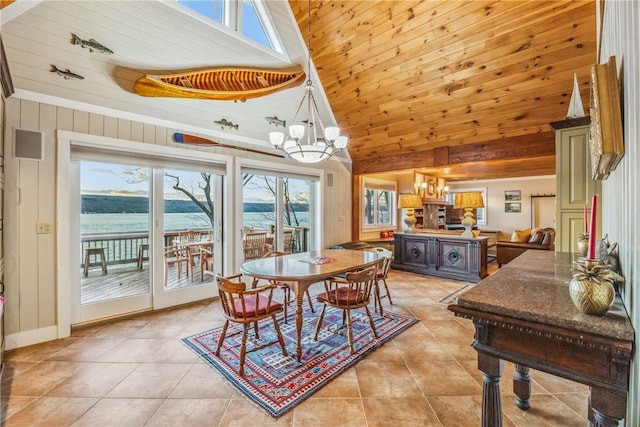 tiled dining space with wood ceiling, wooden walls, a water view, high vaulted ceiling, and a chandelier