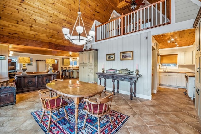 dining space featuring wood walls, high vaulted ceiling, ceiling fan with notable chandelier, sink, and wood ceiling