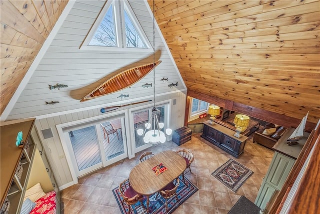 living room with vaulted ceiling and wood walls