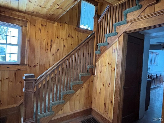 stairway with wood ceiling and wood walls