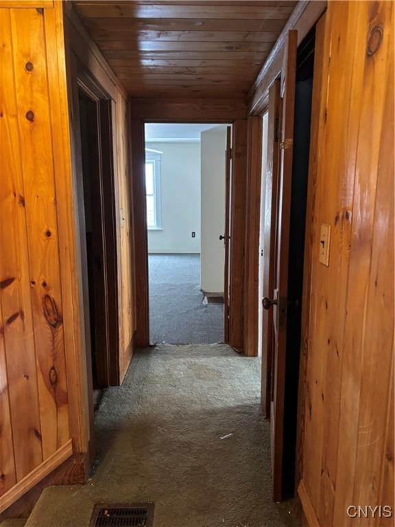 hallway featuring carpet floors, wooden walls, and wooden ceiling