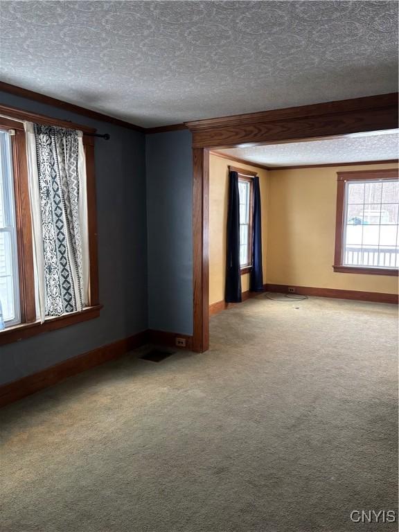 unfurnished room featuring carpet and a textured ceiling