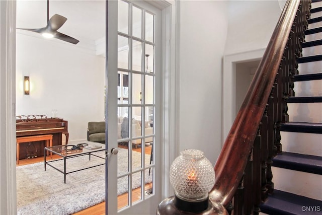 stairway with ceiling fan, wood-type flooring, and a wealth of natural light