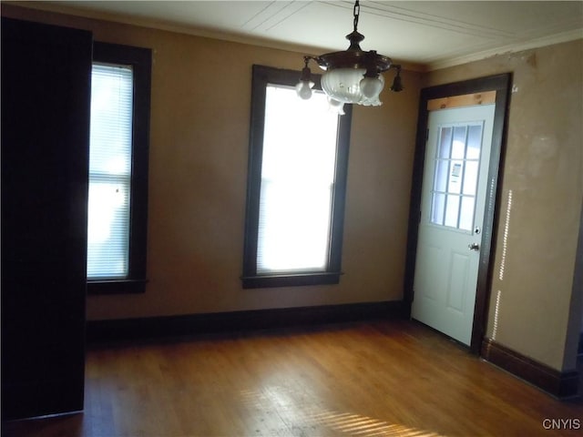 interior space featuring plenty of natural light, wood-type flooring, and ornamental molding