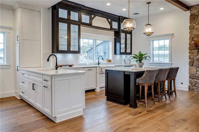 205 Charles Herrmann Way Unit 205, Milo, NY 14527 - kitchen with a breakfast bar, a sink, light countertops, light wood-type flooring, and glass insert cabinets
