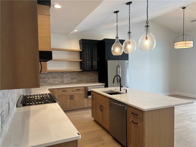205 Charles Herrmann Way Unit 205, Milo, NY 14527 - kitchen featuring open shelves, appliances with stainless steel finishes, light wood-style flooring, backsplash, and vaulted ceiling