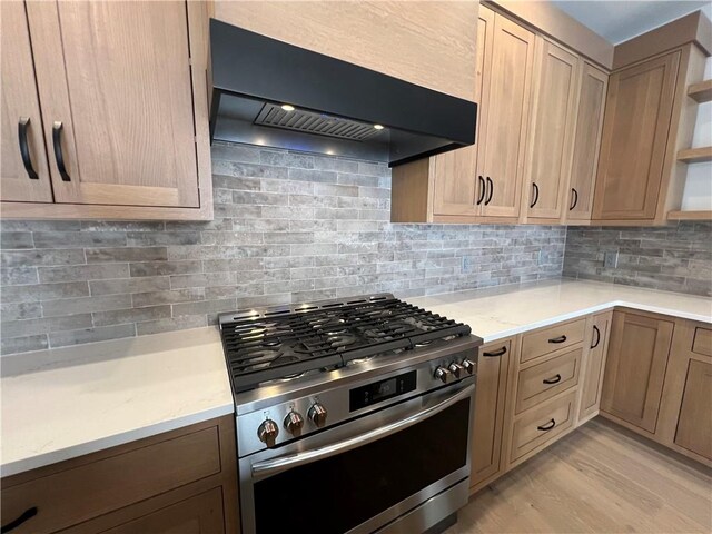 205 Charles Herrmann Way Unit 205, Milo, NY 14527 - kitchen featuring decorative backsplash, open shelves, light wood-type flooring, custom exhaust hood, and stainless steel range with gas cooktop