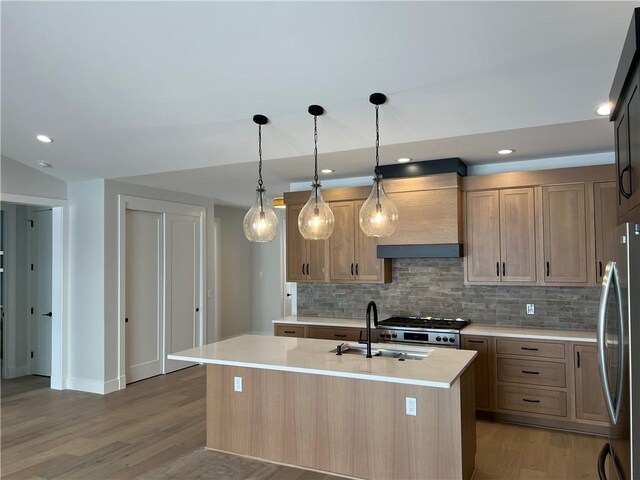 205 Charles Herrmann Way Unit 205, Milo, NY 14527 - kitchen with appliances with stainless steel finishes, a sink, light countertops, tasteful backsplash, and custom exhaust hood