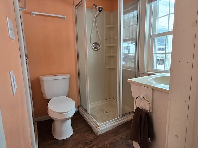 bathroom with vanity, toilet, wood-type flooring, and walk in shower