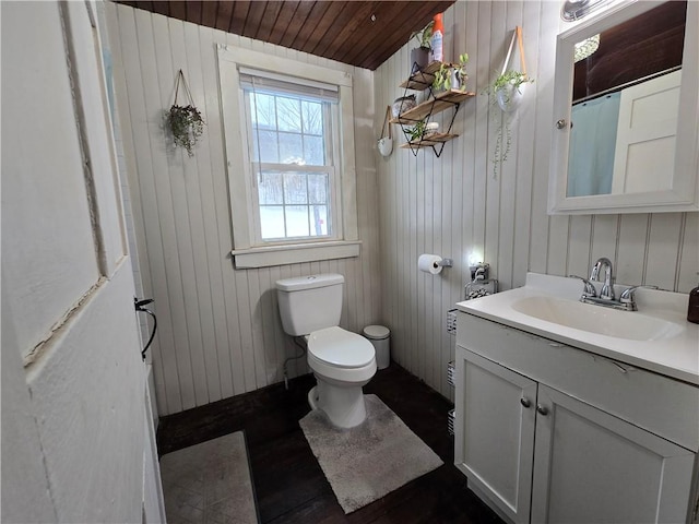 bathroom with vanity, wooden walls, hardwood / wood-style flooring, toilet, and wood ceiling