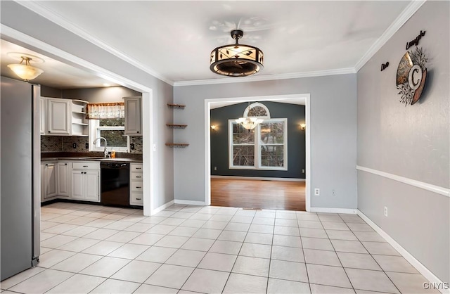 kitchen with tasteful backsplash, stainless steel fridge, dishwasher, and ornamental molding