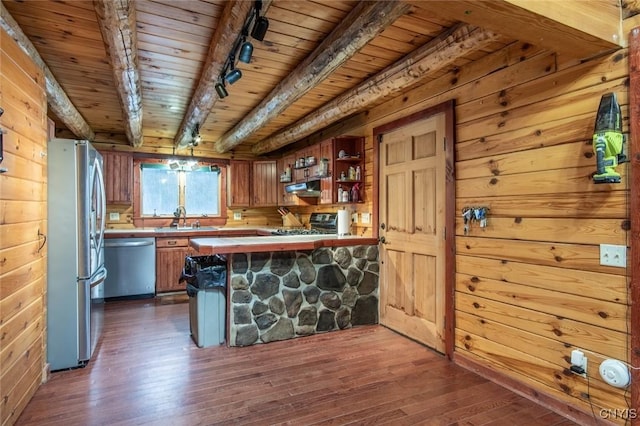 bar with beam ceiling, stainless steel appliances, wooden ceiling, dark hardwood / wood-style flooring, and wooden walls