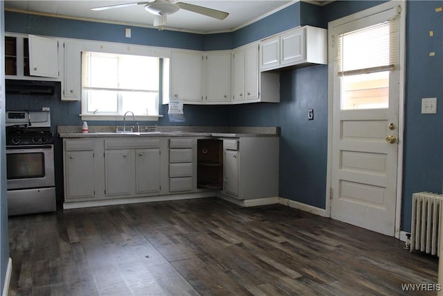 kitchen featuring dark hardwood / wood-style flooring, white cabinetry, stainless steel gas range oven, and sink